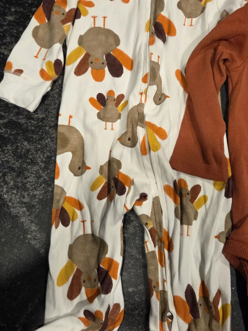 My First Thanksgiving Orange Baby Bodysuit & Turkey Print One-Piece Set.